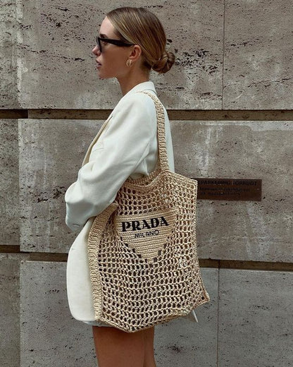 Prada Women's Natural Crochet Tote Bag-Khaki